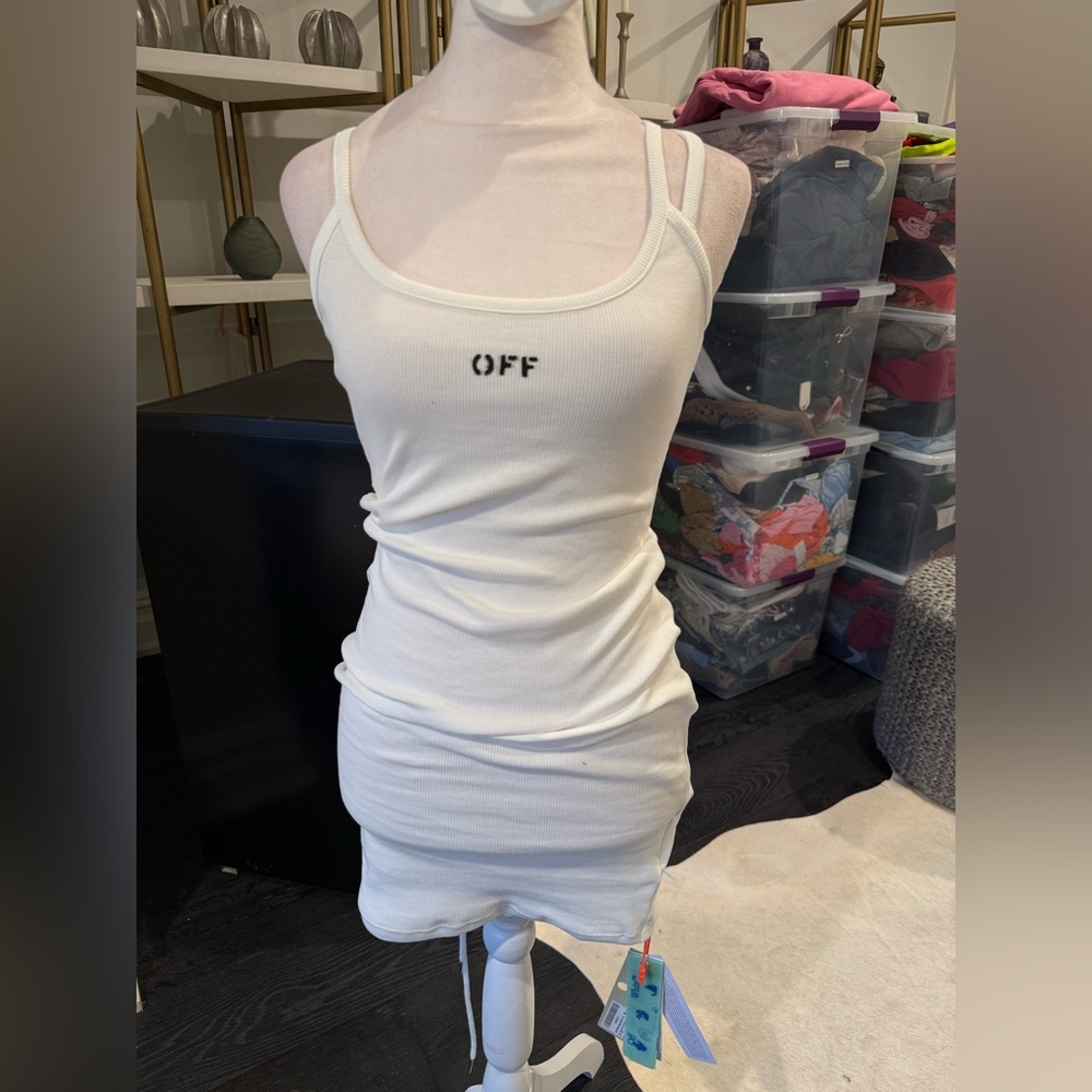 Off-White White Ribbed Mini Dress with 'OFF' Logo